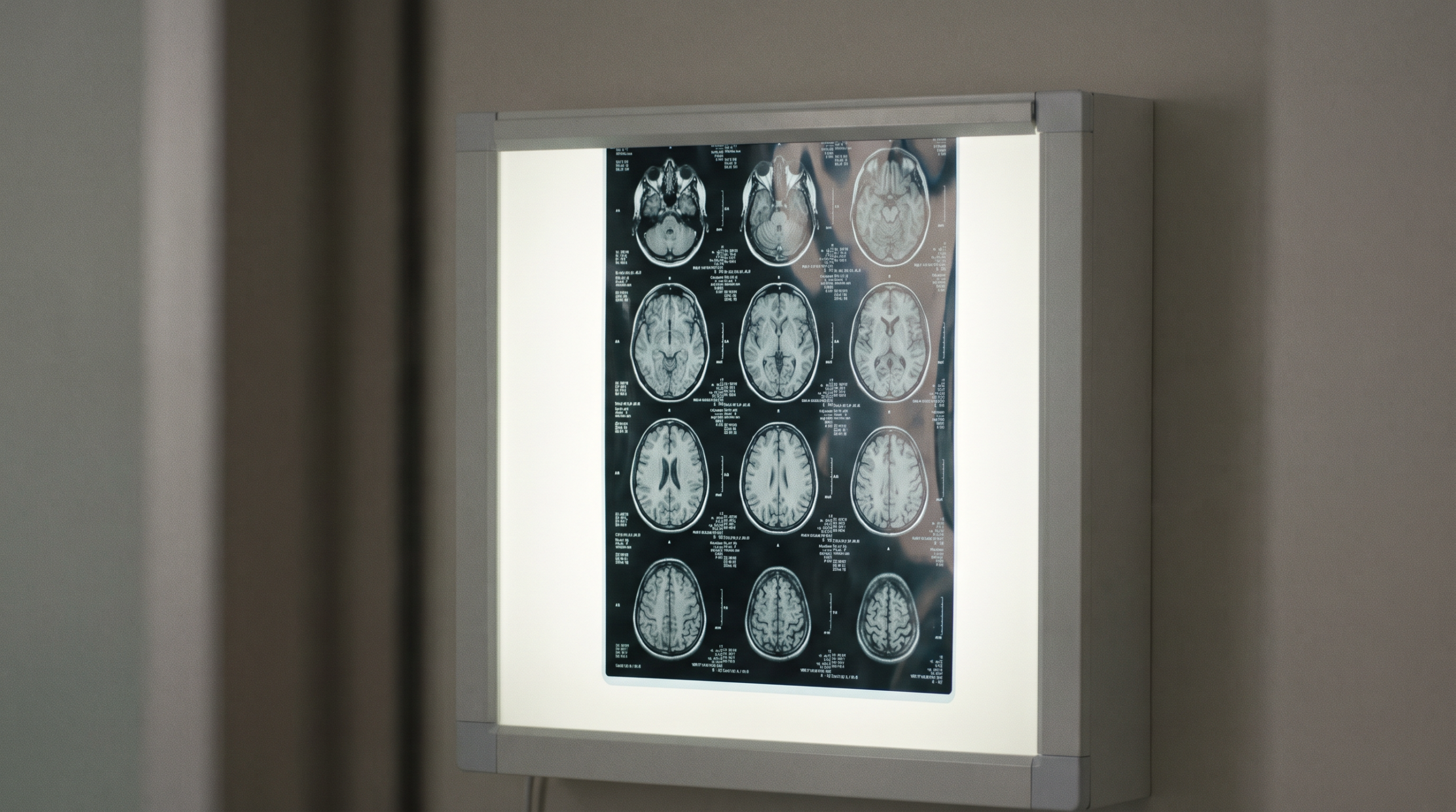 Brain MRI scan displayed on a lightbox in a clinical setting, representing a traumatic brain injury diagnosis after a Colorado accident